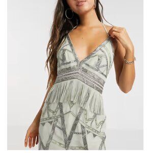 STUDDED LIGHT GREEN FRINGE DRESS